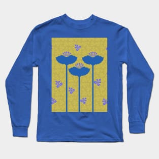 Tall Blue Flowers Japanese Woodcut Print Shibori Long Sleeve T-Shirt